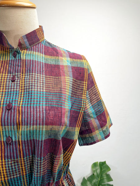 Vintage 1960s 1970s Plaid Midi Dress with Mandarin Collar and Elastic Waist