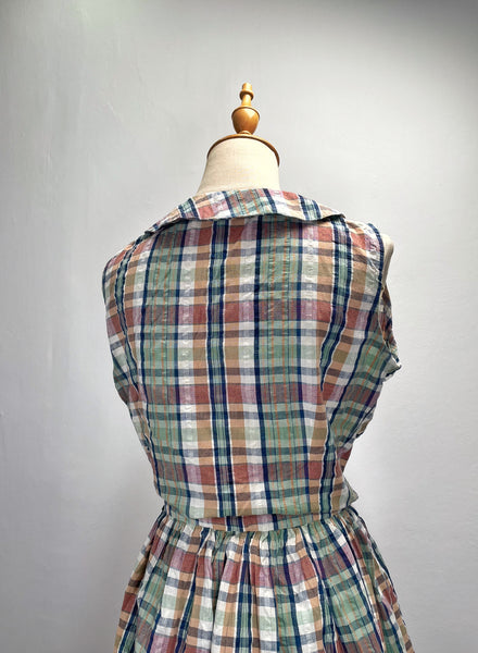Daphne | Vintage 1980s cheesecloth sleeveless plaid dress with Peter Pan collar and pockets
