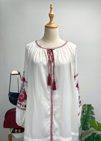Vintage 1960s 1970s Hippie style Embroidered Boho Tunic Dress - Off-White Cotton Blend | {Rare Find}
