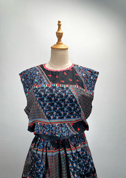 Artie | Vintage 1960s 1970s mixed print floral and grid lines geometric dress