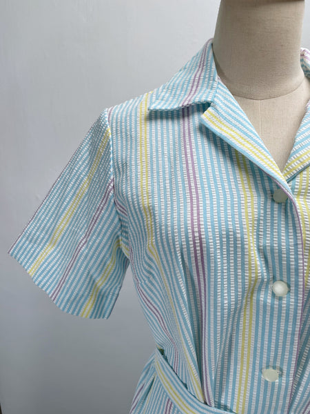 Zelda | Vintage 1950s Blue Purple Yellow Pastel cheesecloth striped dress with pockets and sash