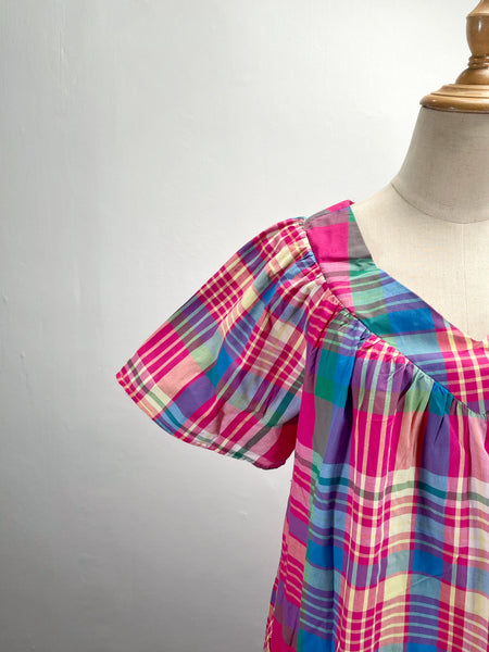 Happy | Vintage 1980s madras checks Dress with ruffles and flared tulip sleeves