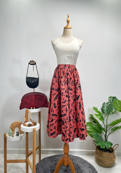 Pink Terracotta 1950s 1960s Abstract Floral High-Waisted A-Line Midi Skirt