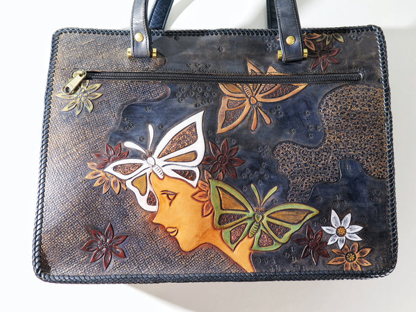 Vintage 60s 70s leather tooled tote bag butterfly flower power hippie boho style