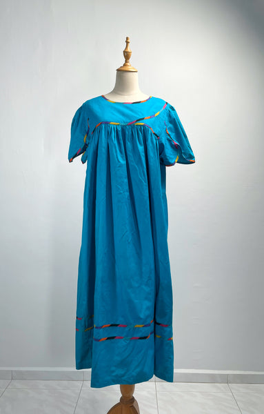 Tully | Vintage 1960s 1970s turquoise blue multicolour trim tulip-sleeves maxi dress with pockets