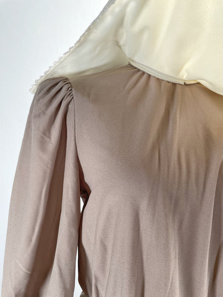 Amy Anne | Vintage 1980s-does-1900s Victorian-style lace bib khaki beige dress