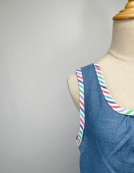 Maedi | Vintage 1950s 1960s soft cotton-mix Chambray easy-wear dress with striped binding and pockets