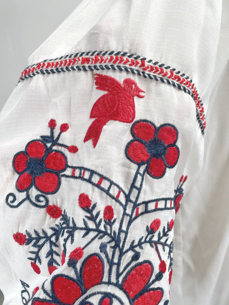 Vintage 1960s 1970s Hippie style Embroidered Boho Tunic Dress - Off-White Cotton Blend | {Rare Find}