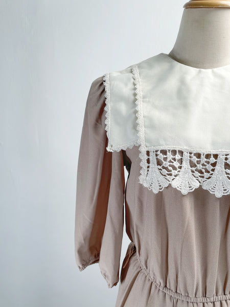 Amy Anne | Vintage 1980s-does-1900s Victorian-style lace bib khaki beige dress
