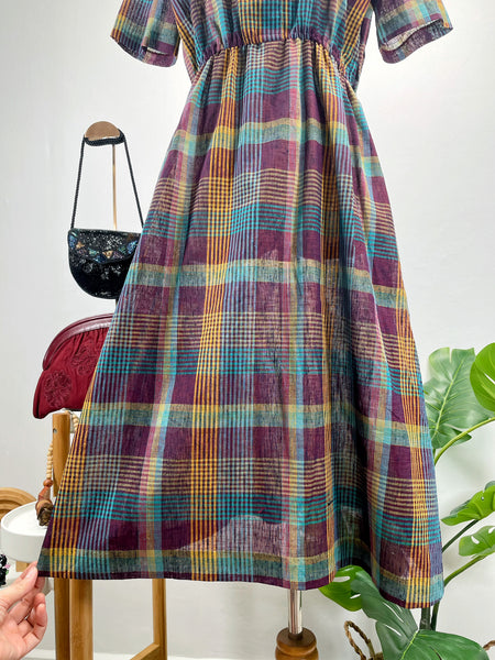 Vintage 1960s 1970s Plaid Midi Dress with Mandarin Collar and Elastic Waist