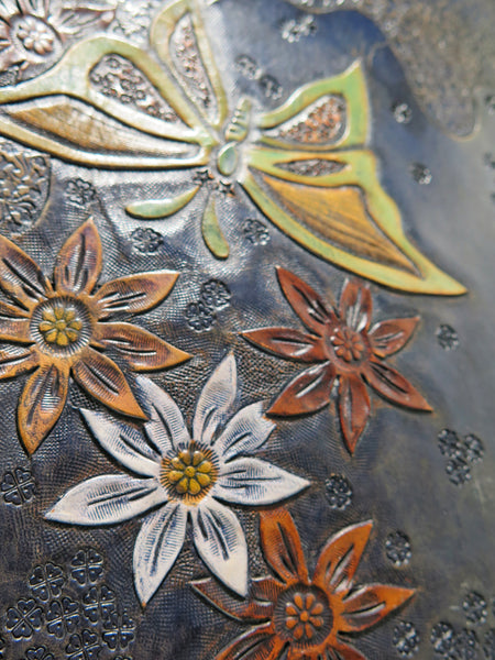 Vintage 60s 70s leather tooled tote bag butterfly flower power hippie boho style