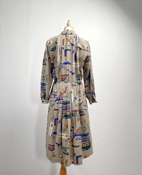 Emily | Vintage 1980s Fletcher Jones Australia novelty abstract print pleated button-down dress