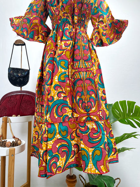 Vintage 70s Psychedelic Print Off-Shoulder Midi Dress | Kaen |