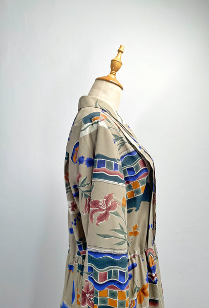 Emily | Vintage 1980s Fletcher Jones Australia novelty abstract print pleated button-down dress