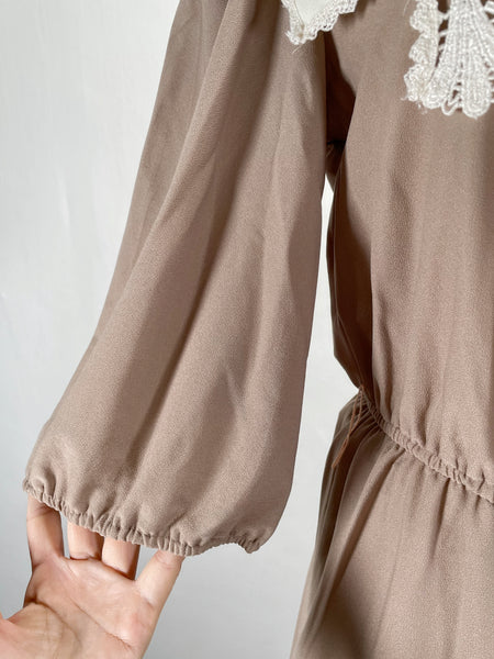 Amy Anne | Vintage 1980s-does-1900s Victorian-style lace bib khaki beige dress