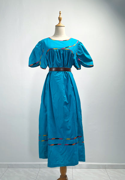 Tully | Vintage 1960s 1970s turquoise blue multicolour trim tulip-sleeves maxi dress with pockets