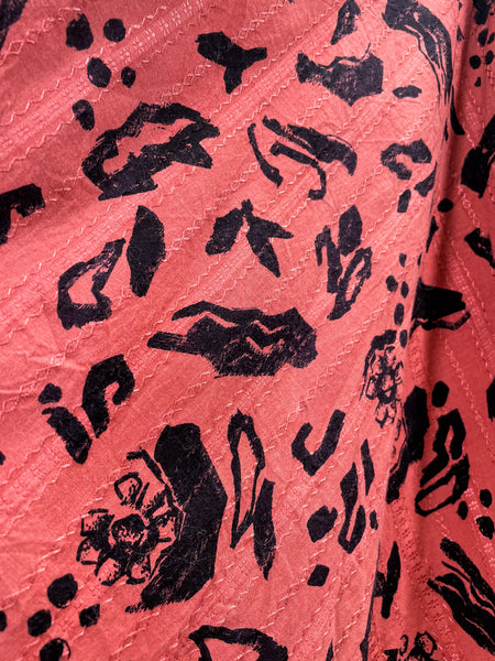 Pink Terracotta 1950s 1960s Abstract Floral High-Waisted A-Line Midi Skirt