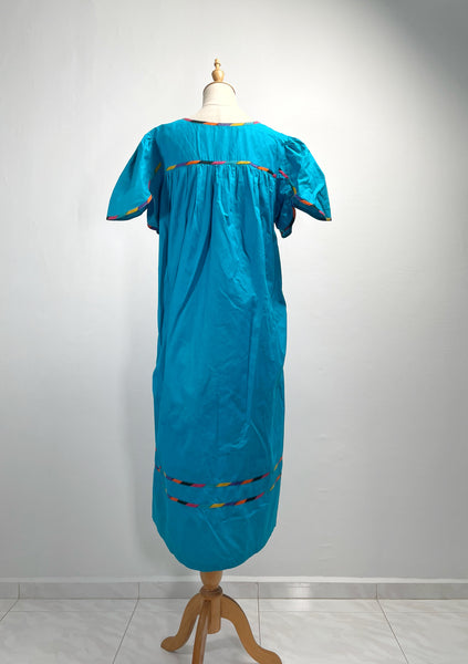 Tully | Vintage 1960s 1970s turquoise blue multicolour trim tulip-sleeves maxi dress with pockets