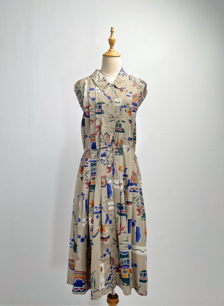 Emily | Vintage 1980s Fletcher Jones Australia novelty abstract print pleated button-down dress