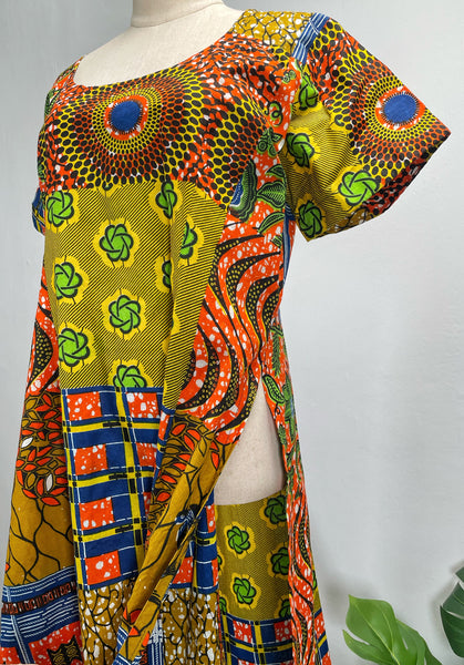 Vintage Vibrant African Wax Batik Print High-Slit Maxi Tunic / Kaftan Dress