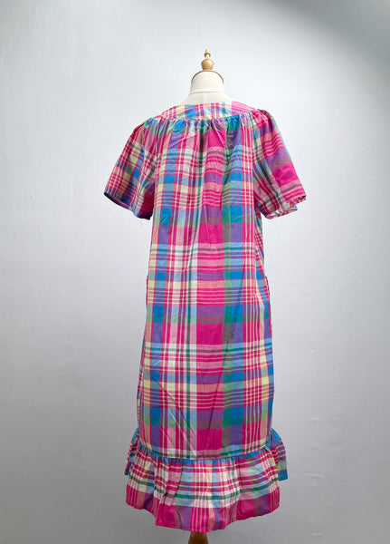 Happy | Vintage 1980s madras checks Dress with ruffles and flared tulip sleeves