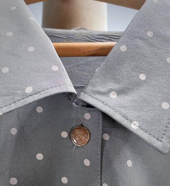 Vintage 60s 70s Light grey Polka Dot Midi Dress with Scalloped Bib Details