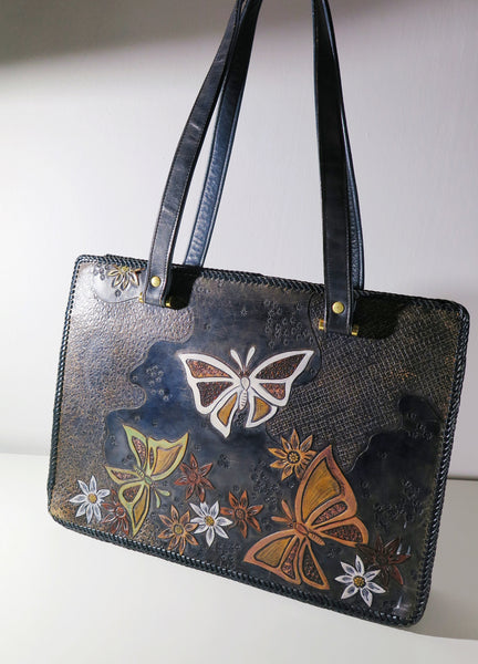 Vintage 60s 70s leather tooled tote bag butterfly flower power hippie boho style