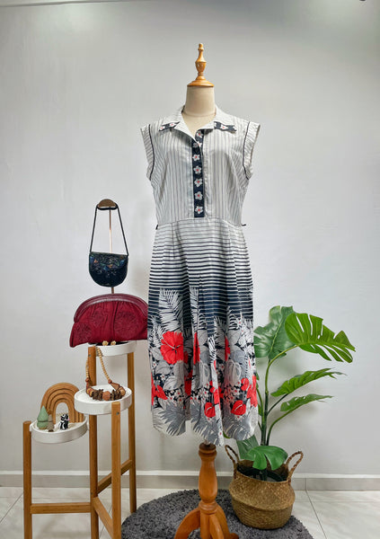 1950s 1960s floral tri-Color pinstripe sleeveless dress | Saffri |
