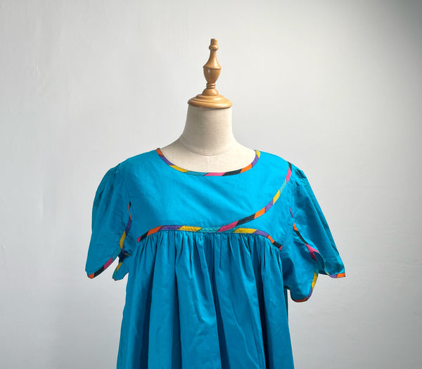 Tully | Vintage 1960s 1970s turquoise blue multicolour trim tulip-sleeves maxi dress with pockets