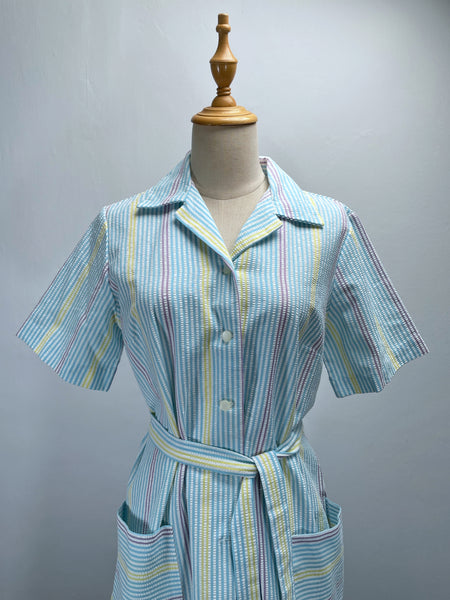 Zelda | Vintage 1950s Blue Purple Yellow Pastel cheesecloth striped dress with pockets and sash