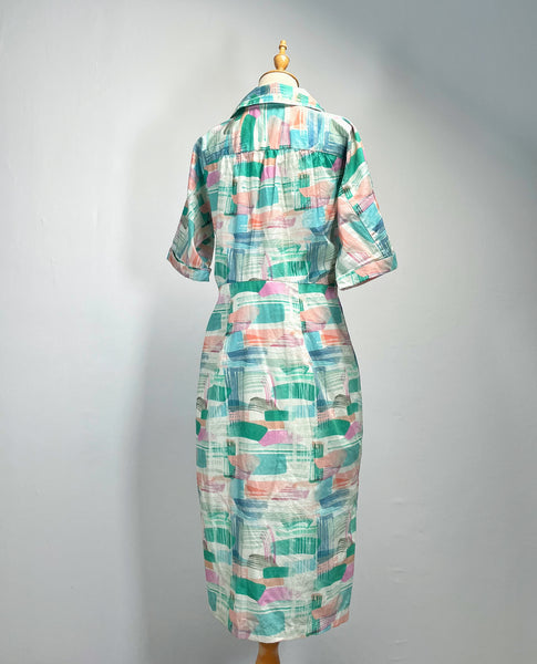 Frances | Vintage 1980s-does-1940s pastel watercolour print large collared fitted silhouette dress with pockets