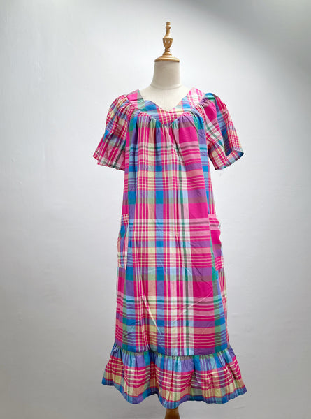 Happy | Vintage 1980s madras checks Dress with ruffles and flared tulip sleeves