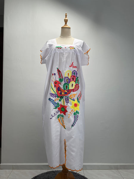 Rainforest | Nicaragua embroidered long kaftan with scalloped sleeves and hem