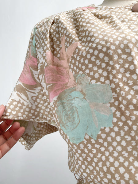 Lillian | Vintage 1980s big button eggshell beige dress with floral motif