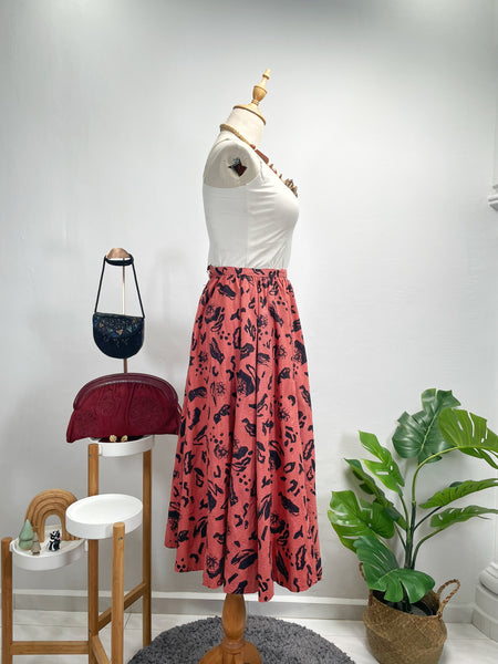 Pink Terracotta 1950s 1960s Abstract Floral High-Waisted A-Line Midi Skirt