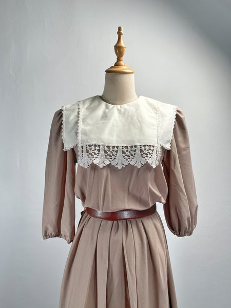 Amy Anne | Vintage 1980s-does-1900s Victorian-style lace bib khaki beige dress