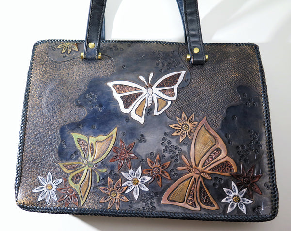 Vintage 60s 70s leather tooled tote bag butterfly flower power hippie boho style