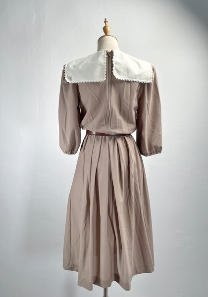 Amy Anne | Vintage 1980s-does-1900s Victorian-style lace bib khaki beige dress