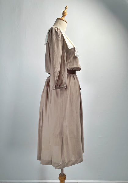 Amy Anne | Vintage 1980s-does-1900s Victorian-style lace bib khaki beige dress