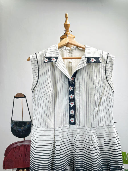 1950s 1960s floral tri-Color pinstripe sleeveless dress | Saffri |