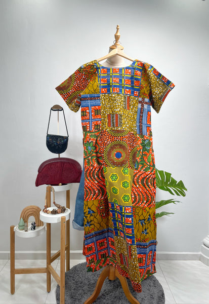 Vintage Vibrant African Wax Batik Print High-Slit Maxi Tunic / Kaftan Dress