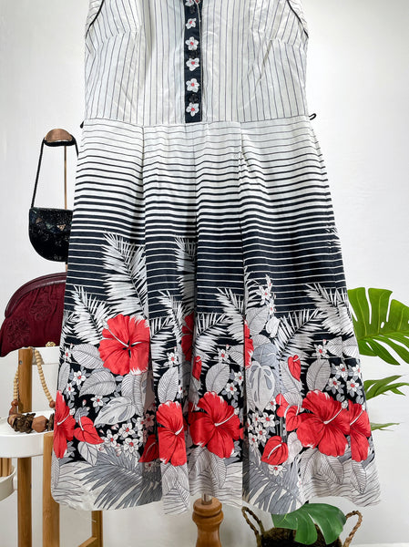 1950s 1960s floral tri-Color pinstripe sleeveless dress | Saffri |