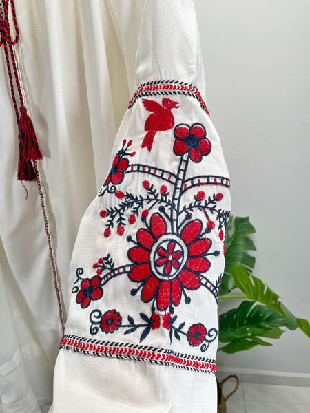 Vintage 1960s 1970s Hippie style Embroidered Boho Tunic Dress - Off-White Cotton Blend | {Rare Find}