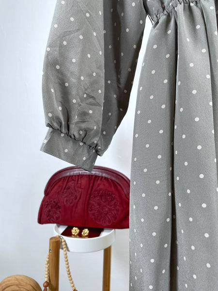 Vintage 60s 70s Light grey Polka Dot Midi Dress with Scalloped Bib Details
