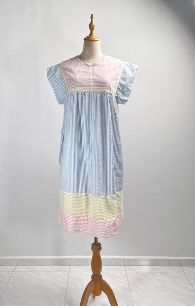 Must Have ! | Lainey | Vintage 1960s 1970s Pastel cheesecloth fabric striped dress shorter with cap sleeves