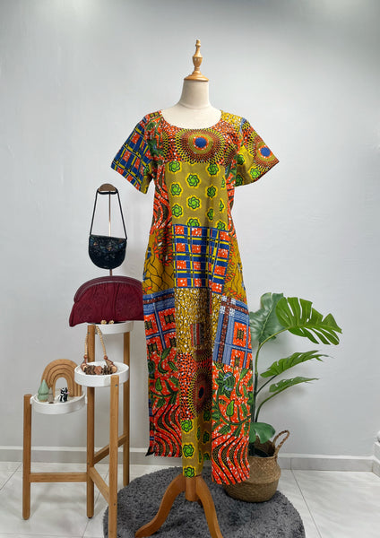 Vintage Vibrant African Wax Batik Print High-Slit Maxi Tunic / Kaftan Dress