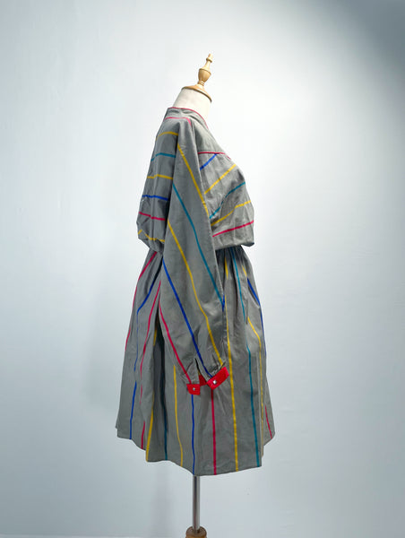 Zian | Vintage 1980s red-trimmed mini swan-collar multi-colored stripes cotton dress