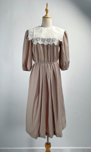 Amy Anne | Vintage 1980s-does-1900s Victorian-style lace bib khaki beige dress