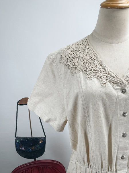 { Rare Find } Vintage 80s Together! Linen Blend Crochet Lace Accent Midi Dress
