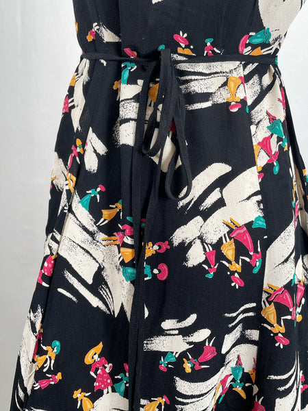 Gaia | Vintage 1940s novelty print fashion girls flared dress with belt tie